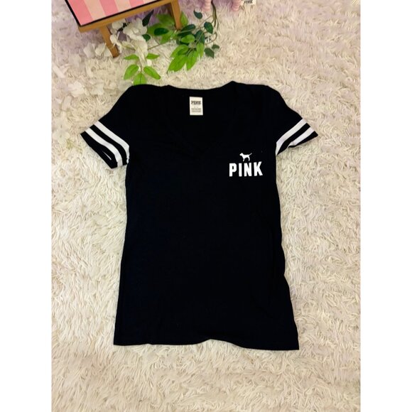 Victorias Secret Pink Black V-Neck T-Shirt With Striped Sleeves Womens Size S - Picture 2 of 11